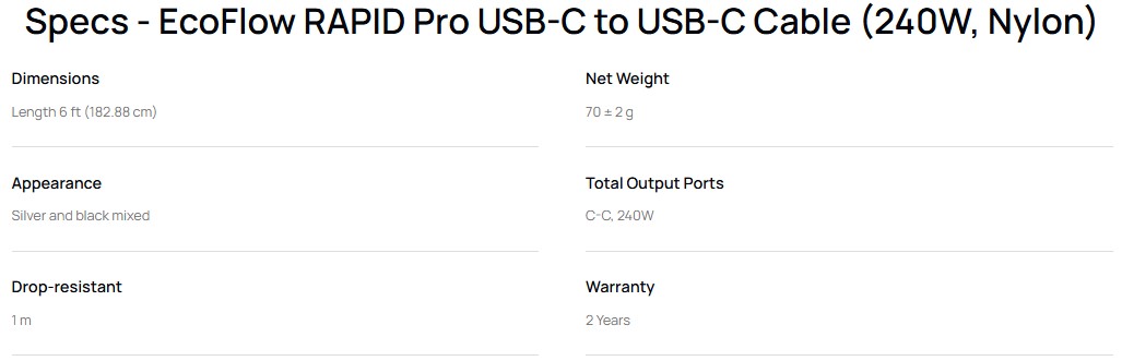 EcoFlow RAPID Pro USB-C to USB-C Cable (240 W, 1.8 m, Nylon Braided)